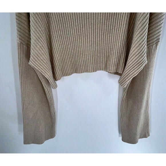 Women's Olivaceous Beige Ribbed Bell Sleeve Cropped Ovbersized Sweater Size M - Picture 3 of 6